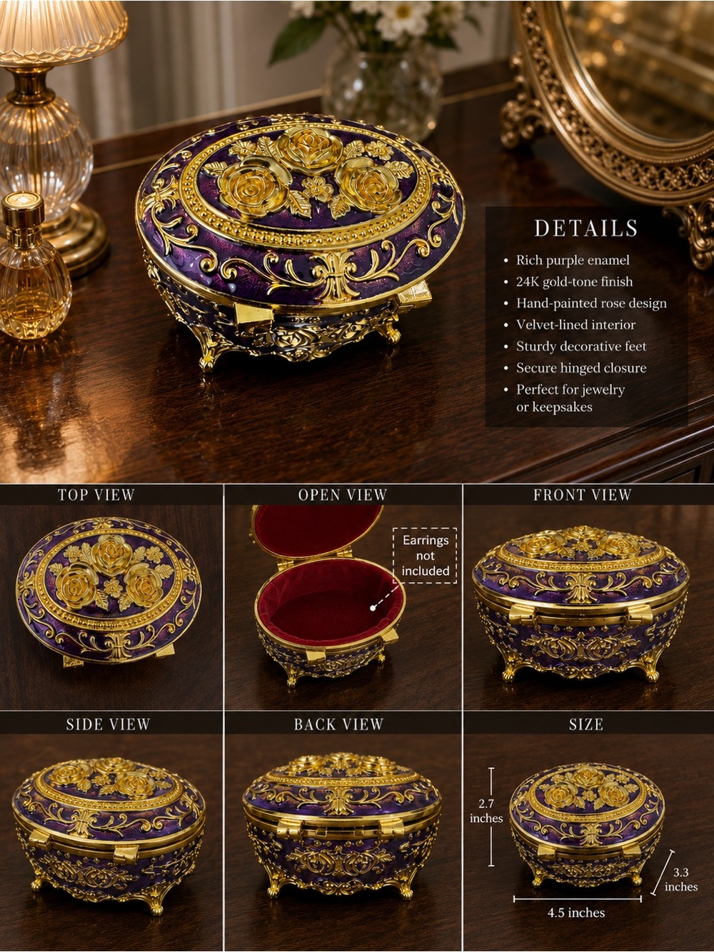 Vintage Ornate Purple and Gold Jewelry Box